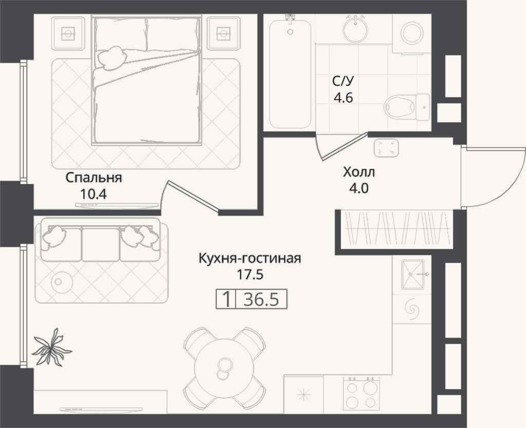 Планировка: 1-к, 36,5 м²