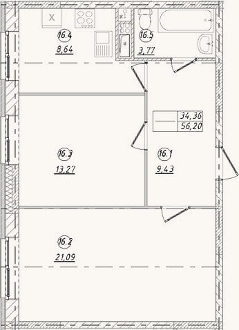 Планировка: 2-к, 56,2 м²
