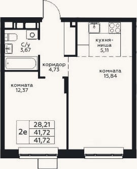 Планировка: 2-к, 41,7 м²