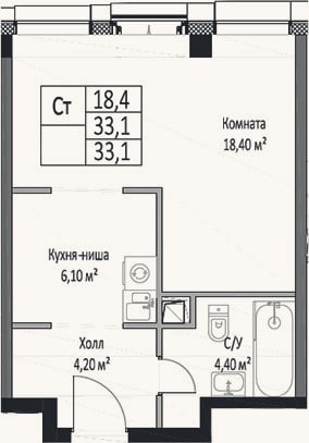 Планировка: Студия, 33,1 м²
