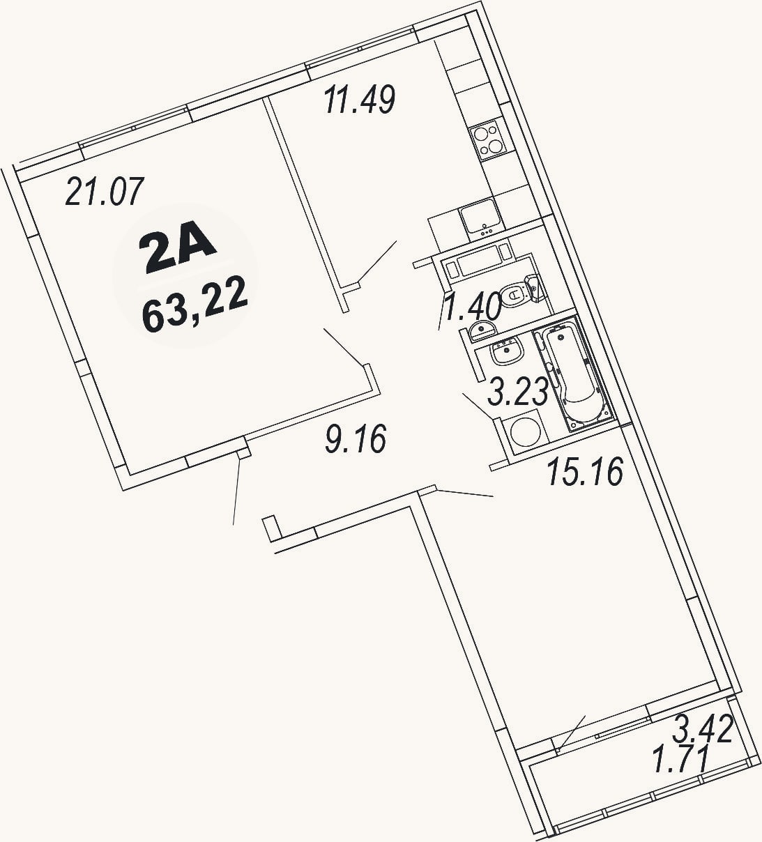 Планировка: 2-к, 61,5 м²