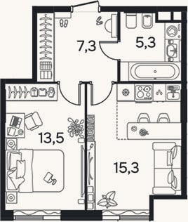 Планировка: 1-к, 41 м²