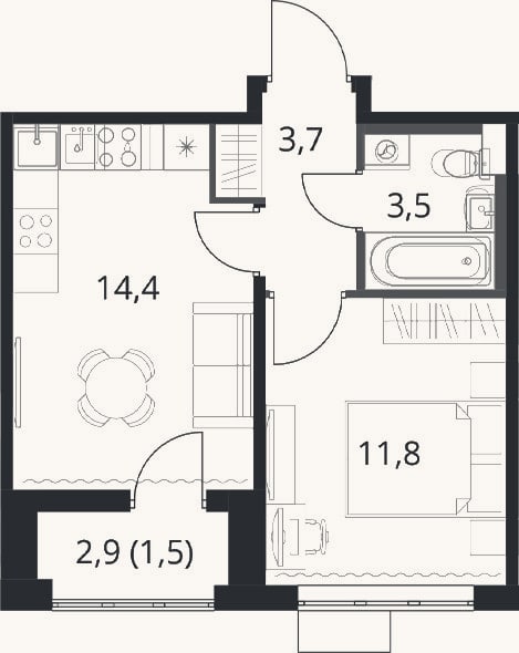 Планировка: 1-к, 33,4 м²