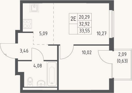 Планировка: 2-к, 32,9 м²