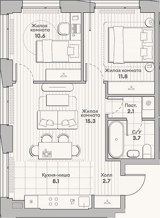 Планировка: 3-к, 54,3 м²