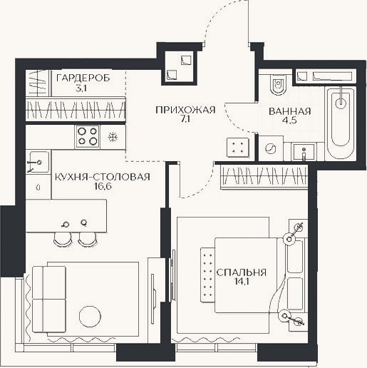 Планировка: 1-к, 45,4 м²