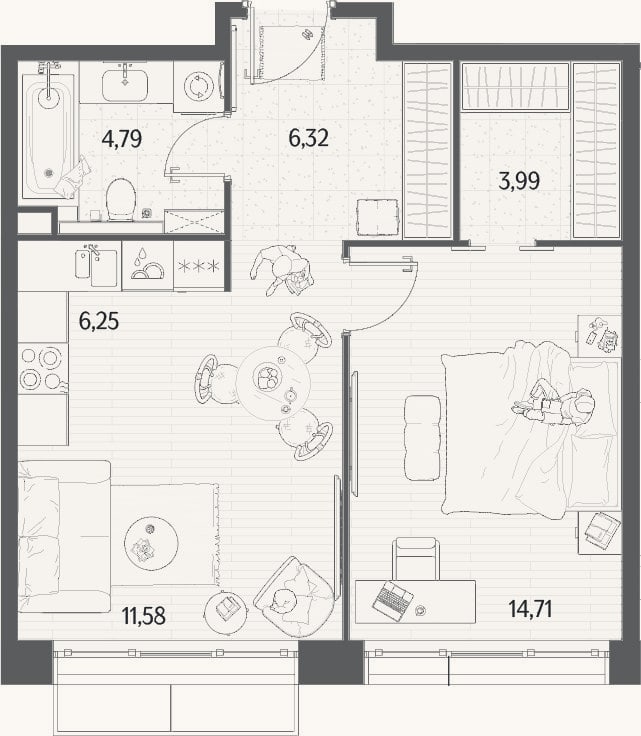 Планировка: 2-к, 47,6 м²