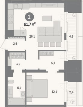 Планировка: 1-к, 54,5 м²