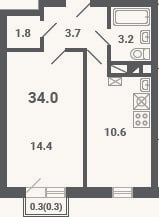 Планировка: 1-к, 33,7 м²