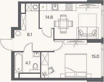 Планировка: 2-к, 42,8 м²