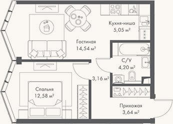 Планировка: 2-к, 43,2 м²