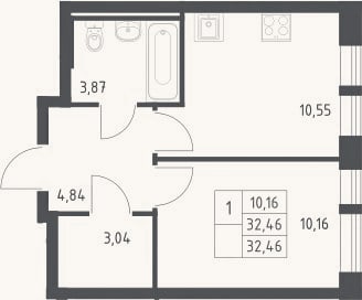 Планировка: 1-к, 32,5 м²