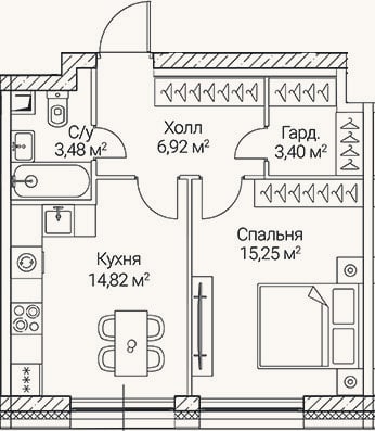 Планировка: 1-к, 43,9 м²