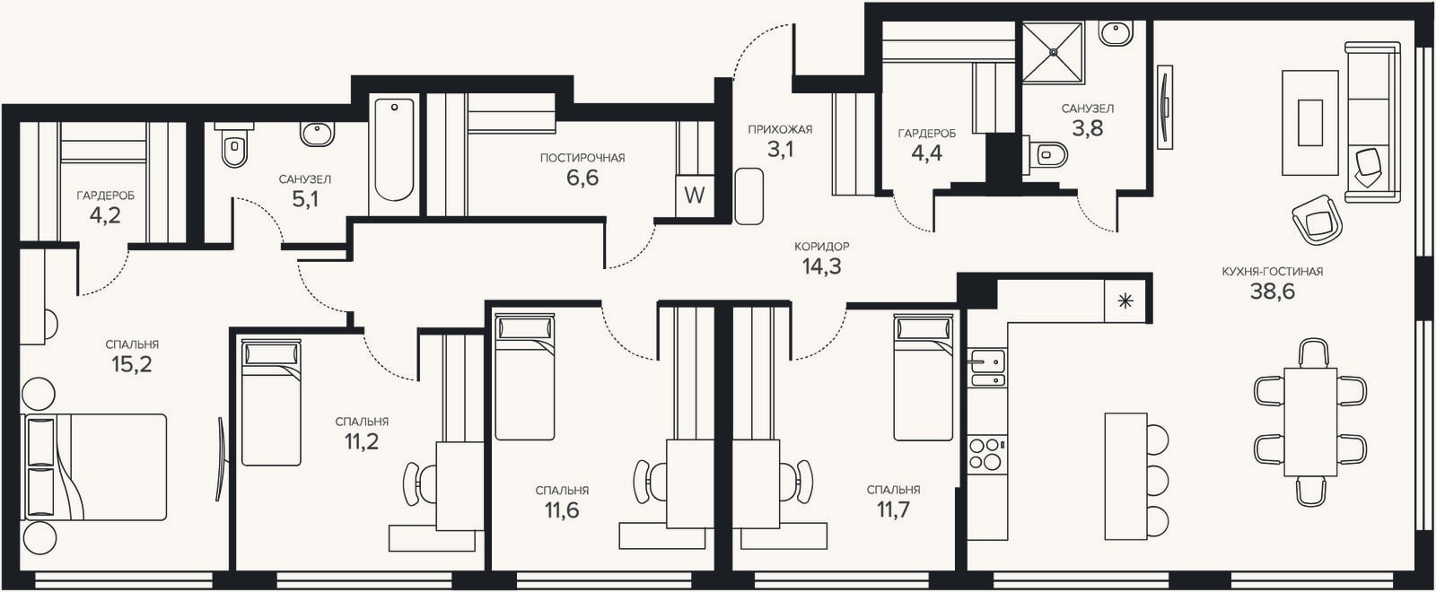 Планировка: 4+ к, 129,8 м²