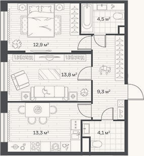 Планировка: 2-к, 57,9 м²