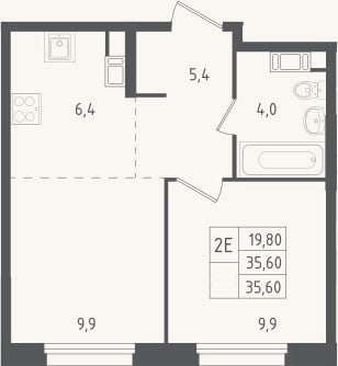 Планировка: 2-к, 35,6 м²