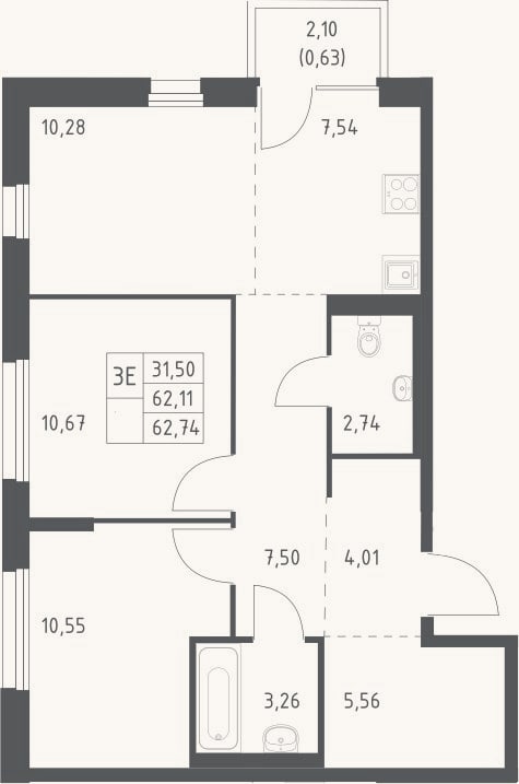 Планировка: 3-к, 62,1 м²