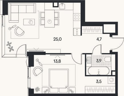 Планировка: 2-к, 50,9 м²