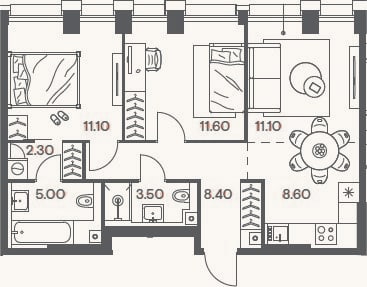 Планировка: 3-к, 61,6 м²