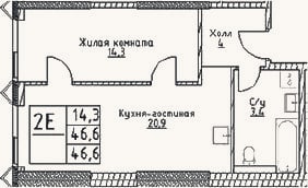 Планировка: 2-к, 46,6 м²