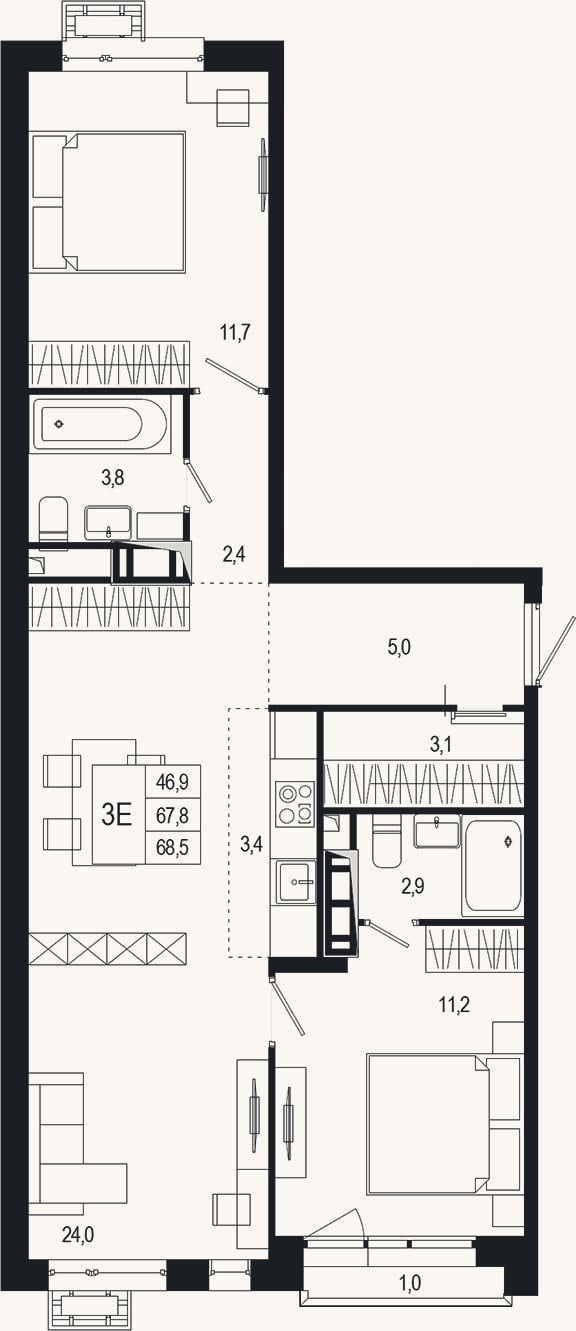 Планировка: 3-к, 70,2 м²