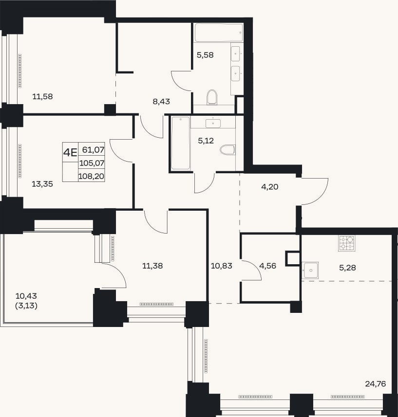Планировка: 4+ к, 105,1 м²