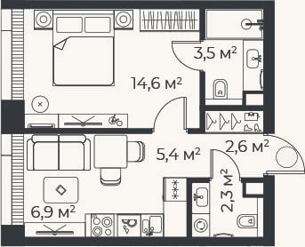 Планировка: 2-к, 35,3 м²