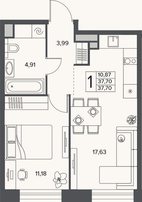 Планировка: 2-к, 37,7 м²