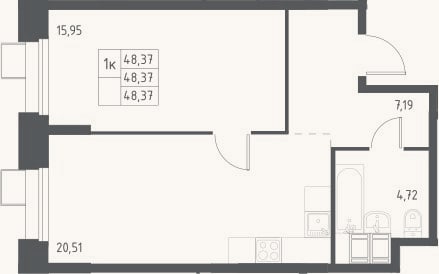 Планировка: 2-к, 48,4 м²