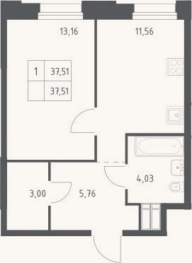 Планировка: 1-к, 37,5 м²