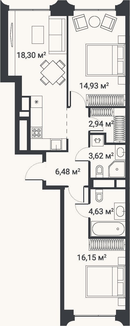 Планировка: 3-к, 67,1 м²