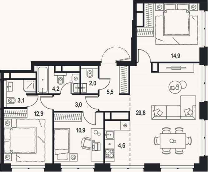 Планировка: 4+ к, 90,9 м²