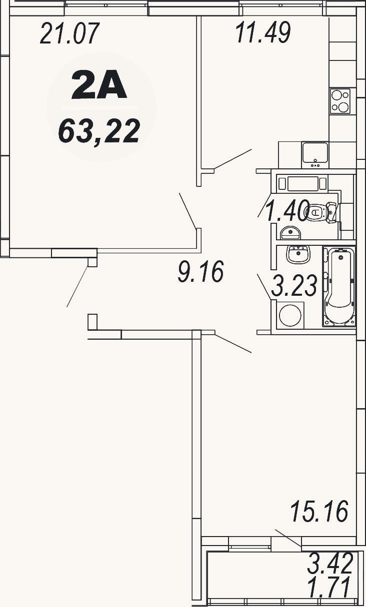 Планировка: 2-к, 61,5 м²