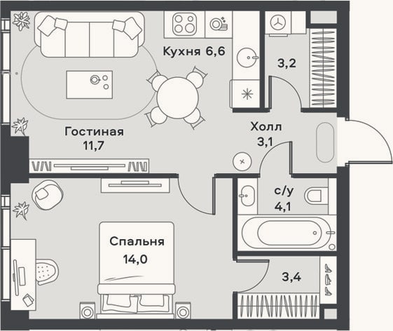 Планировка: 2-к, 46,1 м²