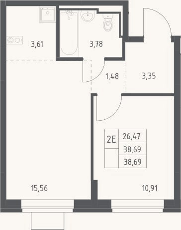 Планировка: 2-к, 38,7 м²