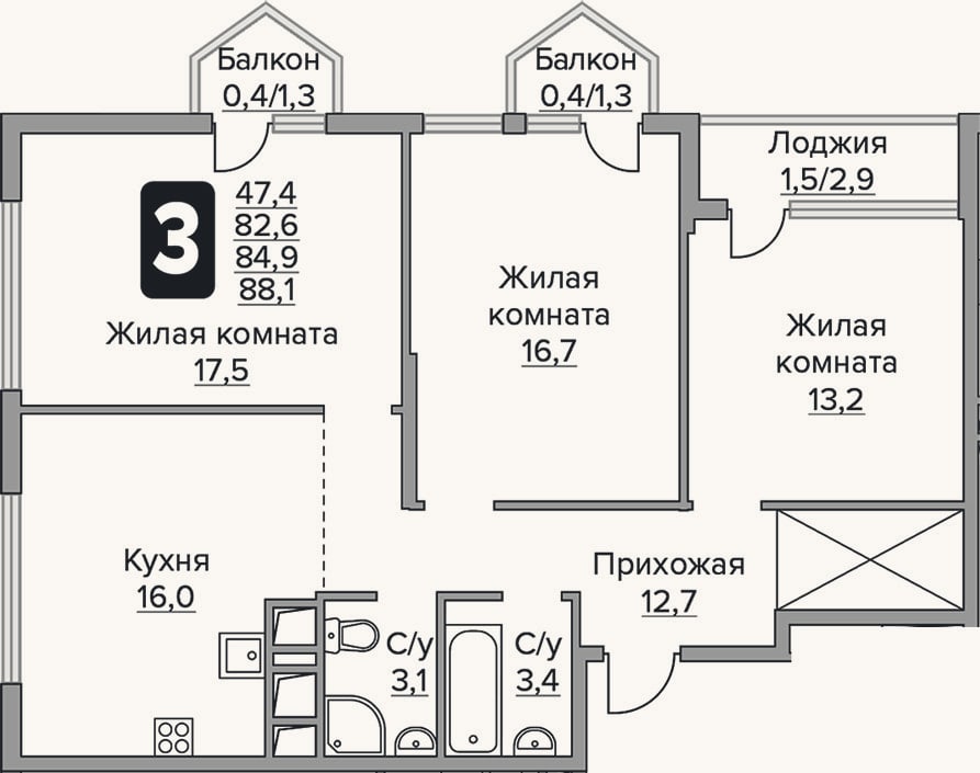 Планировка: 3-к, 82,6 м²