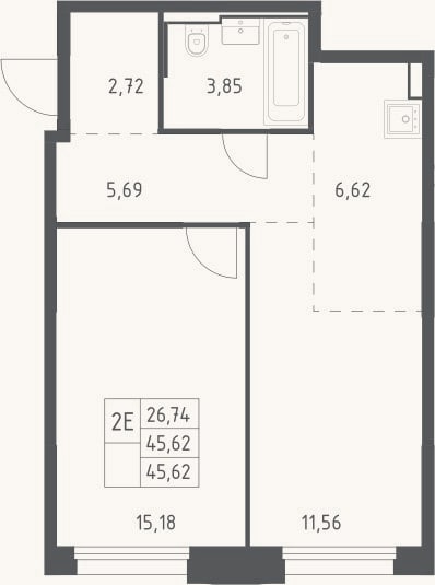 Планировка: 2-к, 45,6 м²