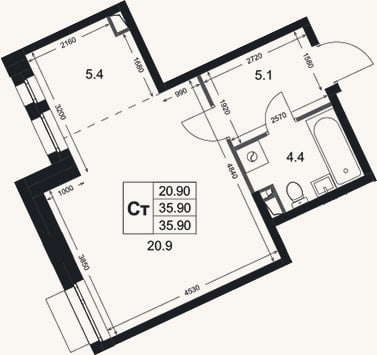 Планировка: Студия, 35,9 м²