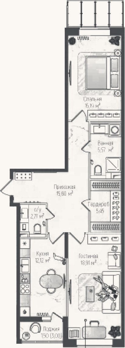 Планировка: 2-к, 75,6 м²