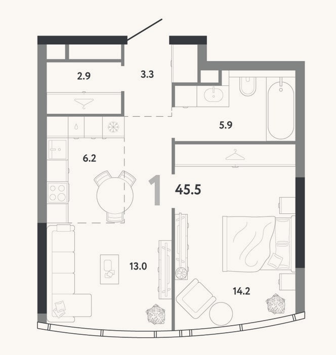 Планировка: 2-к, 45,5 м²