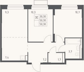 Планировка: 3-к, 50,3 м²