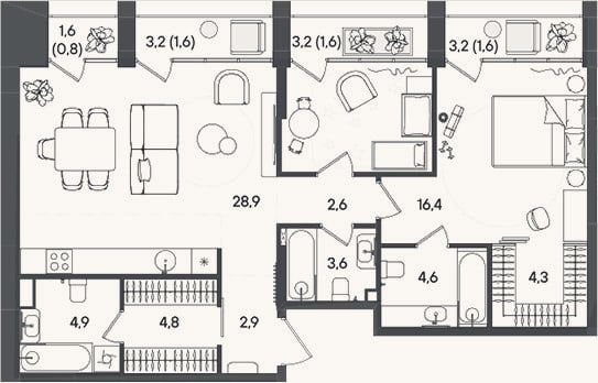Планировка: 3-к, 81,6 м²