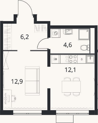 Планировка: 1-к, 35,8 м²