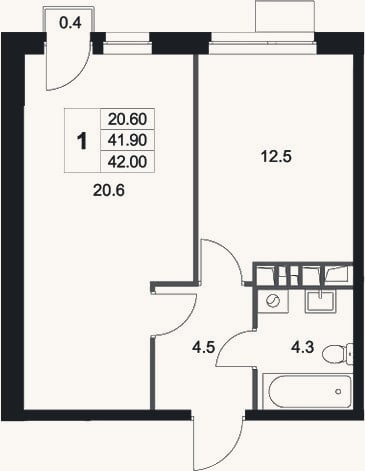 Планировка: 1-к, 41,9 м²