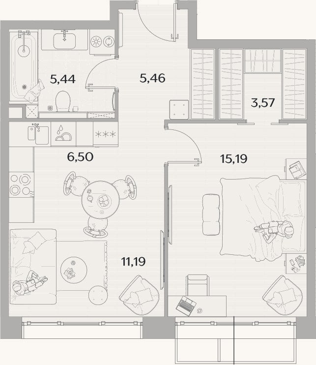 Планировка: 2-к, 47,4 м²