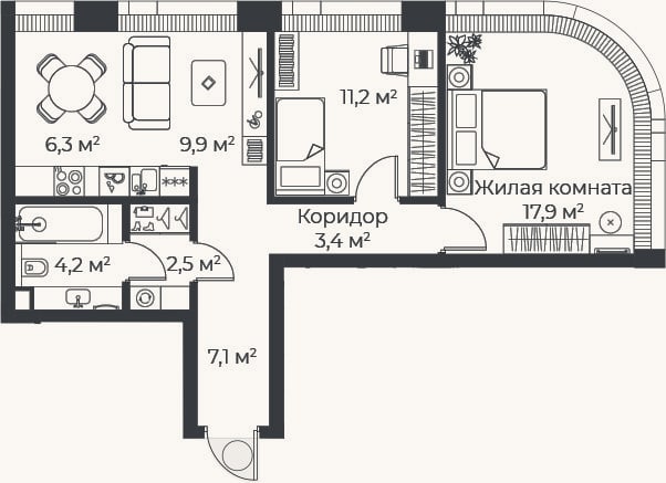 Планировка: 3-к, 62,5 м²
