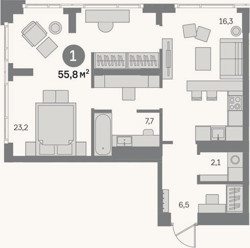 Планировка: 1-к, 55,8 м²
