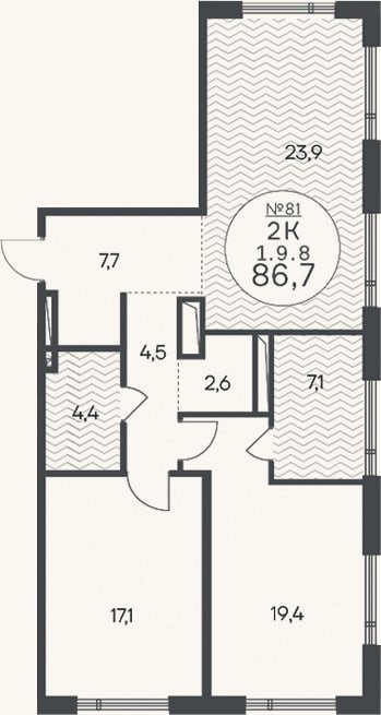 Планировка: 3-к, 86,7 м²