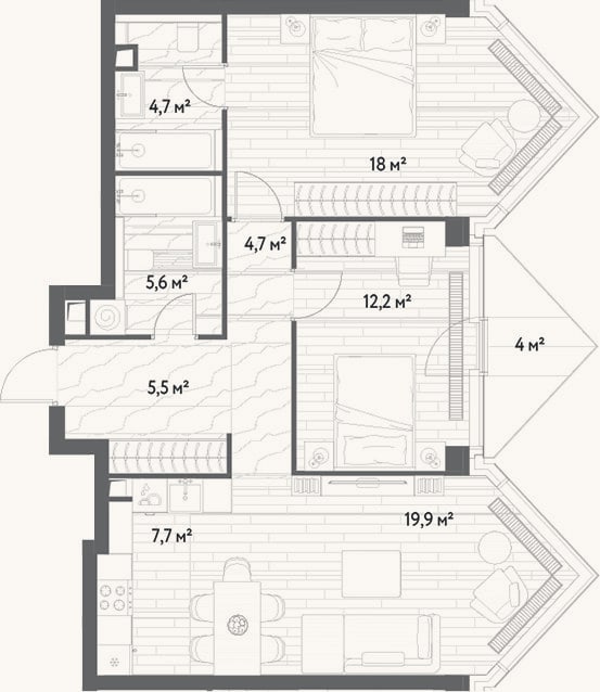 Планировка: 3-к, 75,4 м²