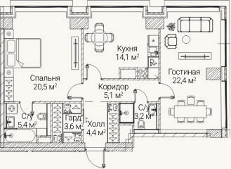 Планировка: 2-к, 78,8 м²